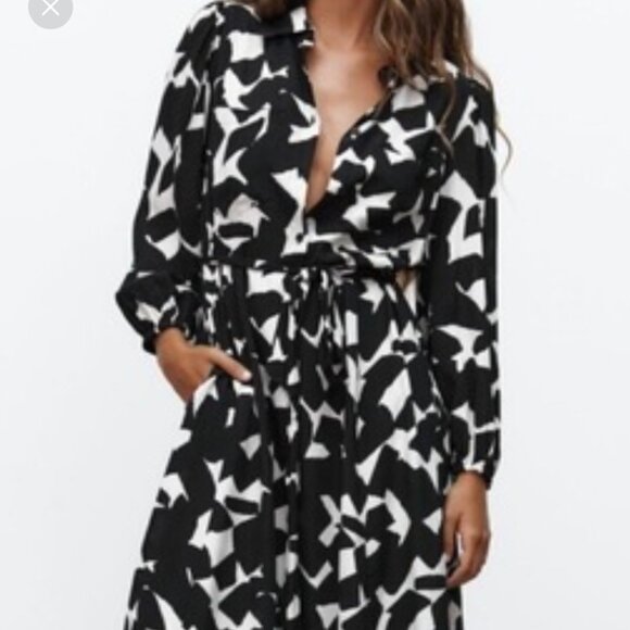 ZARA Black & White Abstract Print Midi Crepe-Like Shirt Dress | Belted, Size XXL - Picture 2 of 12